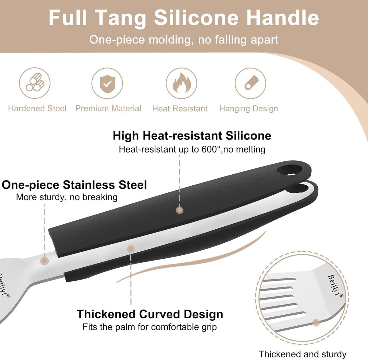Beijiyi 13.3" Fish Spatula Stainless Steel, Fish Turner with Silicone Handle and Beveled Edge, Thickened Metal Kitchen Slotted Spatula for Cast Iron Skillet Cooking, Flipping and Grilling