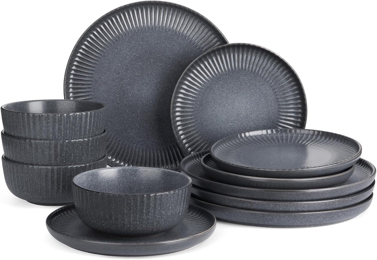 Famiware Starlight Dinnerware Sets, Plates and Bowls Dish Set of 4 (12 Pieces), Ribbed Textured Tableware - Dishwasher & Microwave Safe, Chip Resistant, Reactive Glaze, Matte Midnight Grey