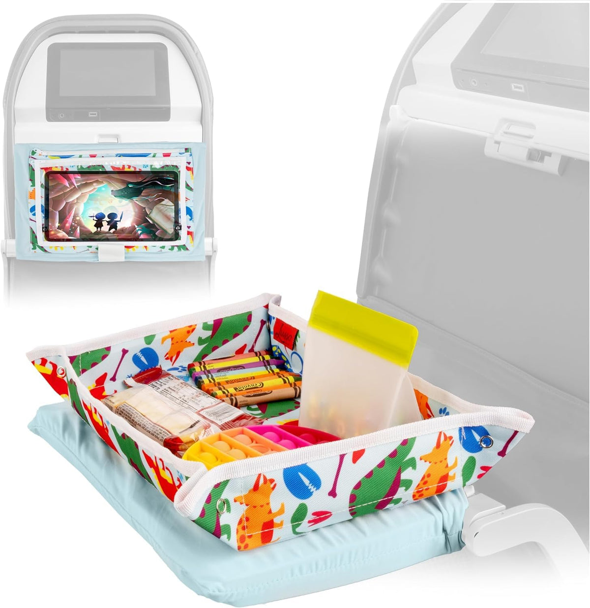 Lusso Gear Kids Airplane Tray Table Cover with Pockets – Travel Tray Essentials for Toddlers on Plane or Train - Travel Toys & Airplane Travel Essentials - Flying Accessories Toddlers (Dinosaurs)