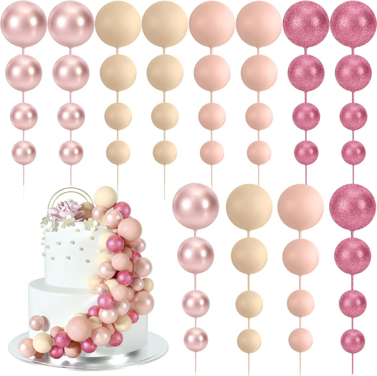 48 Pcs Balls Cake Topper Decorations Balloon Cupcake Toppers Foam Cake Topper Balls for Birthday Party Wedding Cake Deco(Glitter Pink, Rose Gold, Light Brown, Apricot)