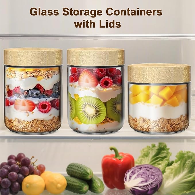 2 Pack 16oz Glass Jars with Bamboo Lids, Overnight Oats Containers with Airtight Lids, Storage Containers Wide Mouth Mason jars for Salad,Yogurt, Sugar, Snacks, Spices