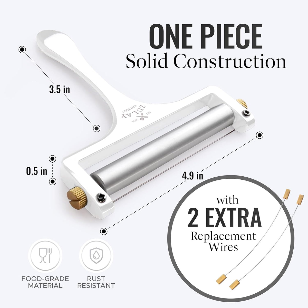Zulay Kitchen Stainless Steel Wire Cheese Slicer - Adjustable Hand Held Cheese Cutter with 2 Extra Wires - Premium Cheese Shaver For Mozzarella, Cheddar, Gruyere - Cheese Cutter with Wire (White)