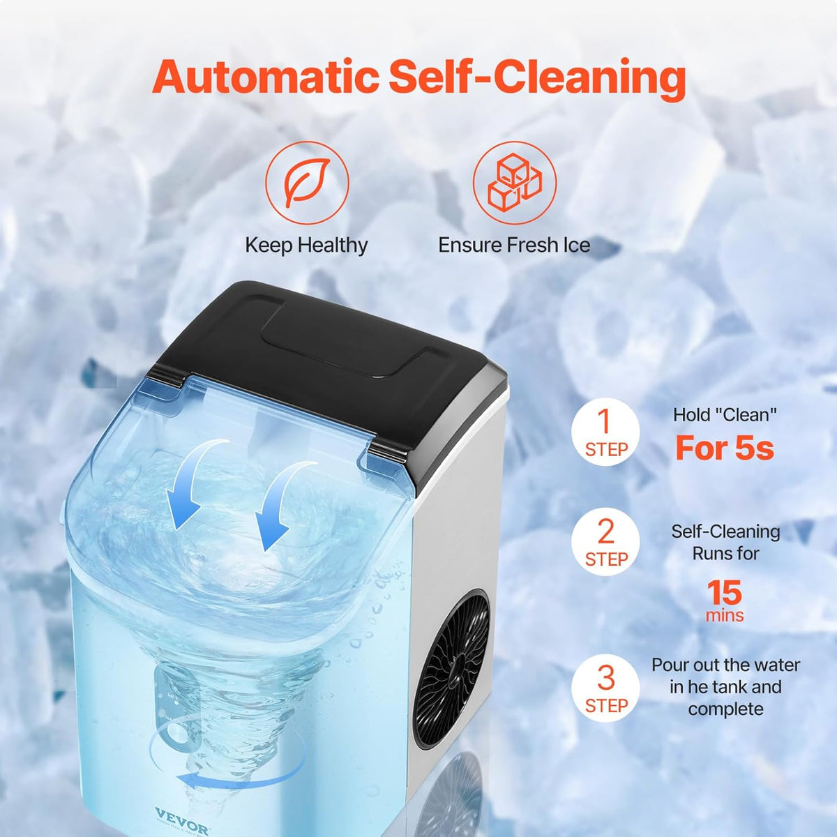 VEVOR Nugget Ice Maker, 33lbs/24H Pebble Ice Maker with Self Cleaning, Chewable Ice Maker with Ice Scoop & Basket, Stainless Steel Ice Machine with Transparent Lid for Home Kitchen Office Bar Party
