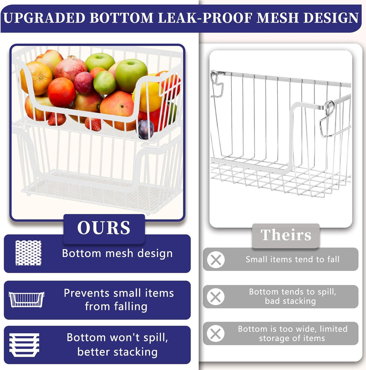 Enhanced Leak-Proof Bottom Stackable Wire Baskets, 4 Pack Pantry Organizers and Storage, Pantry Storage，Shelf Baskets, Fruit Basket, Potato and Onion Storage Bins，(White)