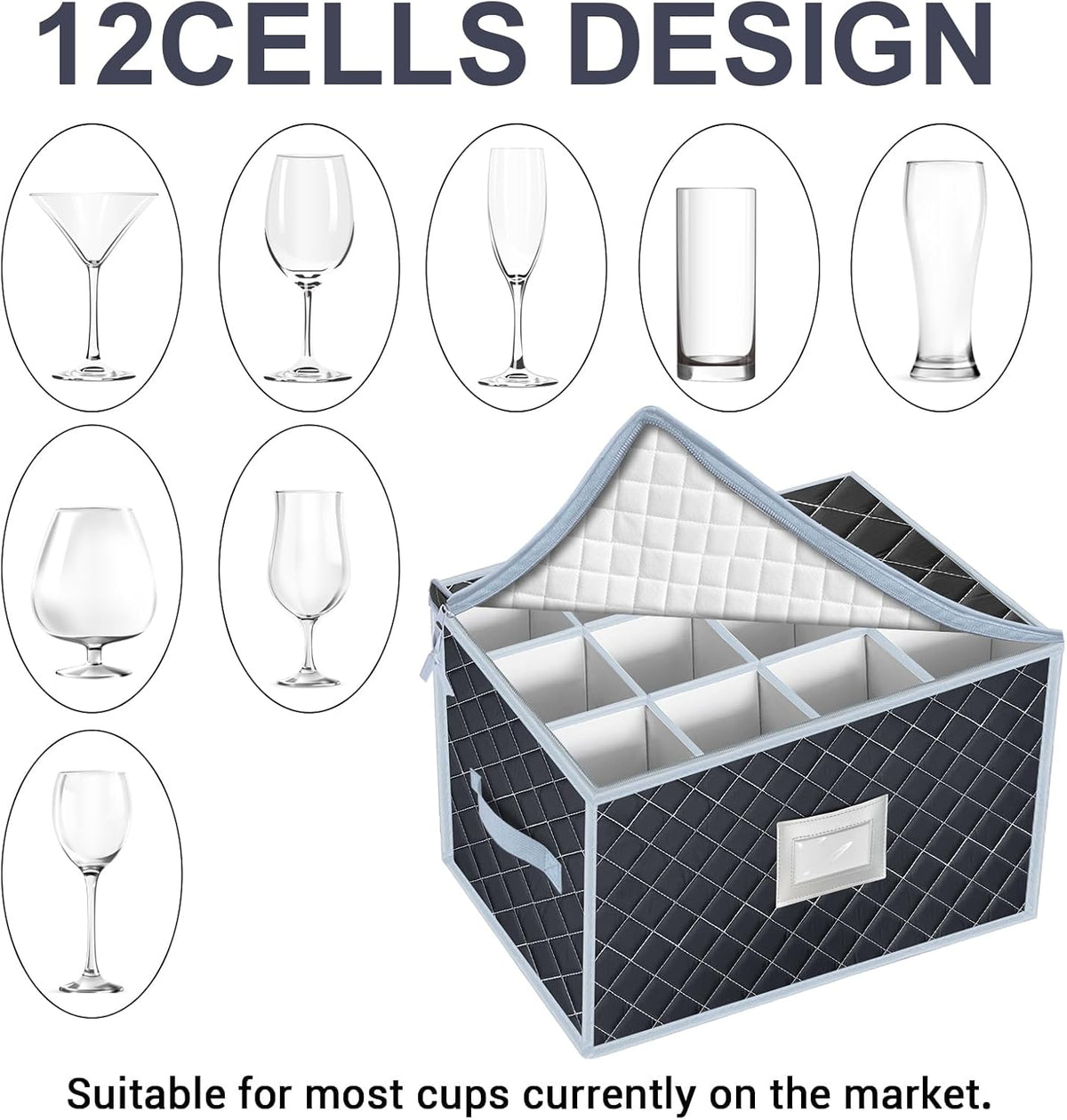 VERONLY Wine Glass Storage Box with Dividers Holds 24 Stemware Storage Cases or China Crystal Glassware Containers with Handles and Lable Window (15.5" x 12.5"x10")-Set of 2 Grey