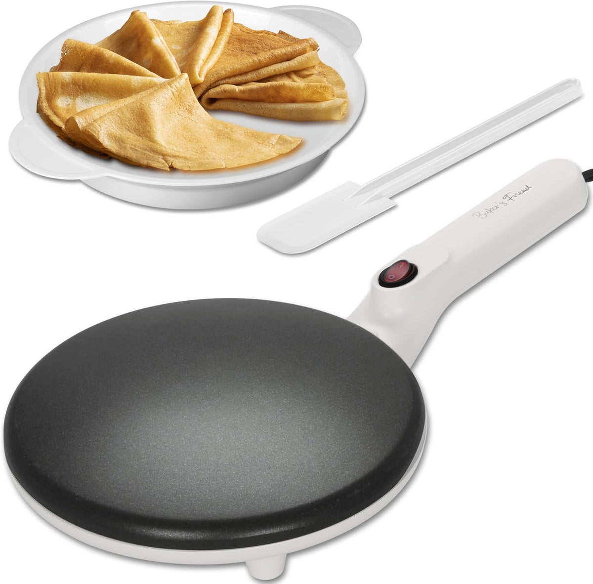 Baker's Friend Instant Crepe Maker with Handle, Electric Crepe Maker Machine, Crepera Electrica, 8 Inch Non-stick Cooking Surface, Creamy White
