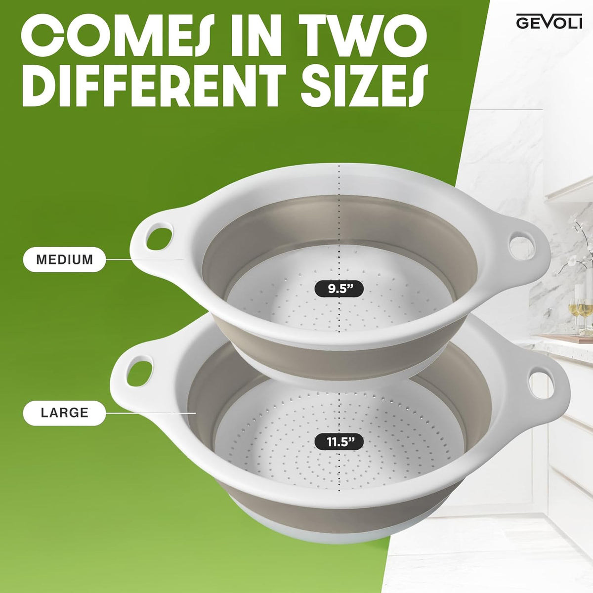 Collapsible Colanders (2 Pack Set) Food Strainers with Over-Sink Water Draining Base for Pasta Fruits and Vegetables (4 and 5 Quart) - White Beige