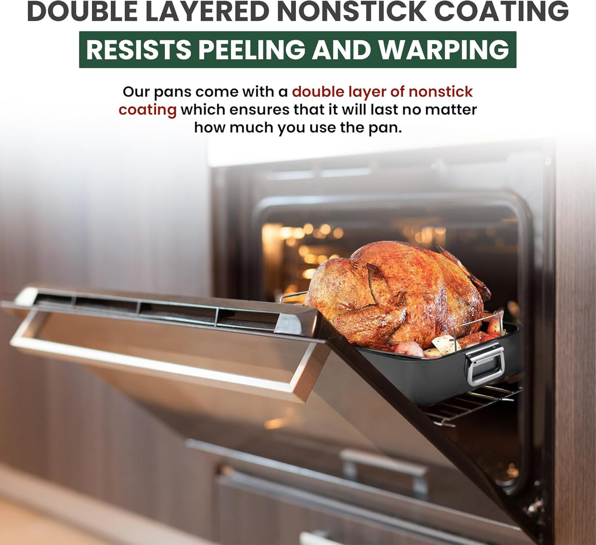Large Roasting Pan With Rack 12” X 16” - Non Stick Large Roaster Pan and Flat Rack With Foldable Handles - Roasting Pans for Ovens to Elevate Food for Even Heating - Dishwasher Safe Turkey Roast Pot