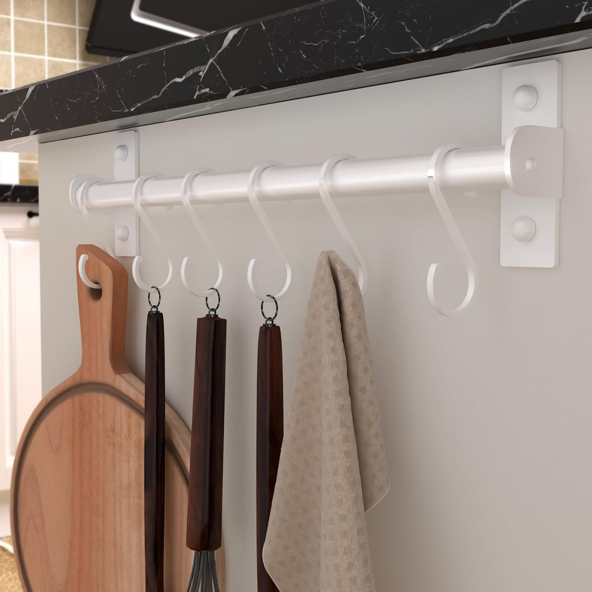 Dseap Kitchen Utensil Holder Hanger, Pot and Pan Rack Wall Mounted, Kitchen Rail with 8 Hooks for Hanging Cooking Utensils, Mugs, Spoons, Wall Mounted, White