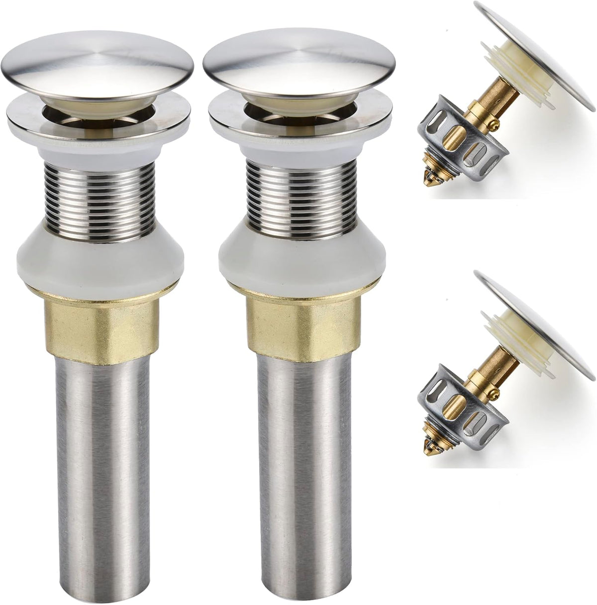 Bathroom Sink Drain,2 Pack Drain Stopper Bathroom Sink Without Overflow,Pop Up Drain Assembly with Detachable Strainer Basket,Built-in Anti-Clogging Strainer,Stainless Steel Brushed Nickel