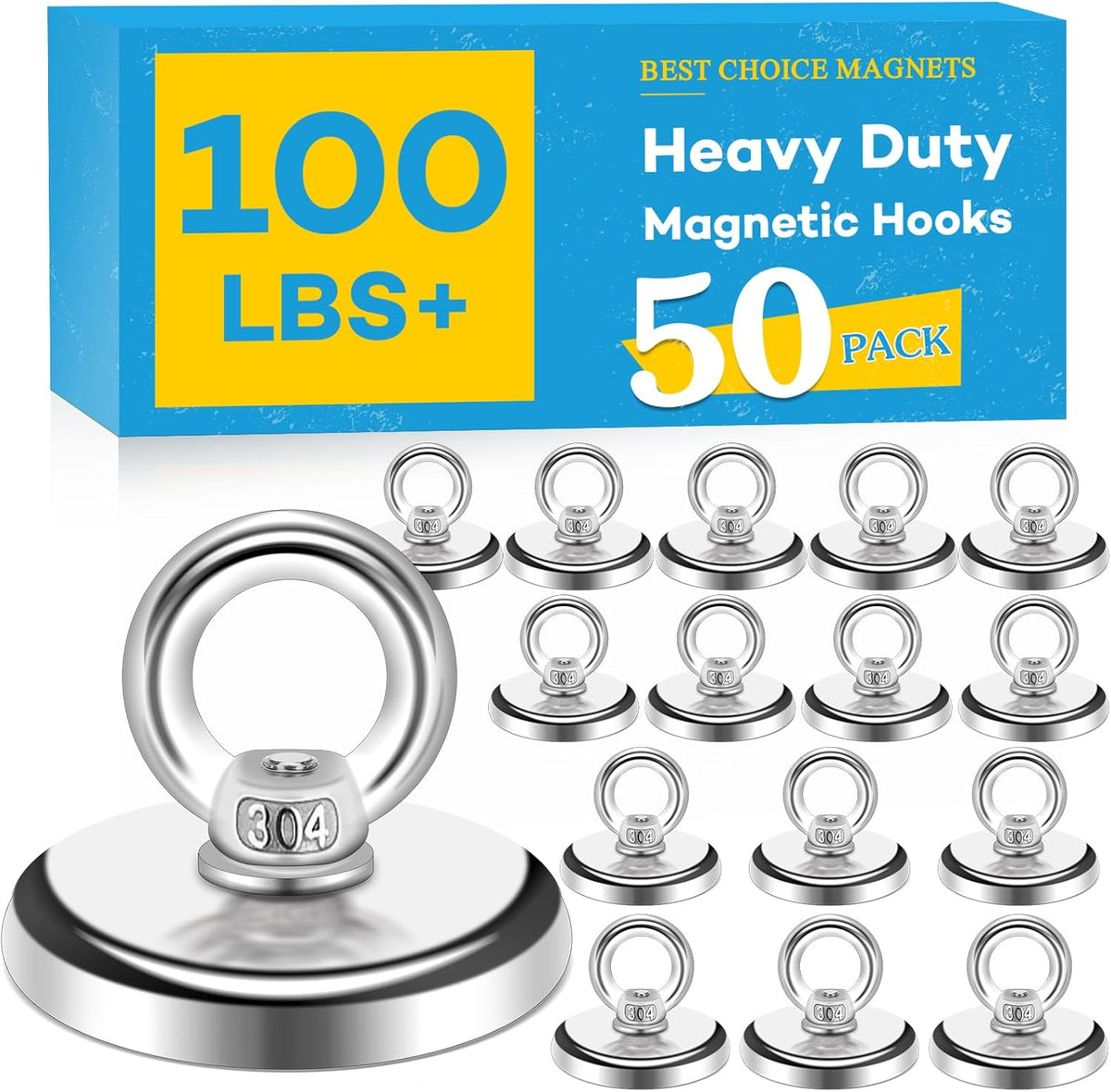 Magnetic Hooks, 100 LB（45KG） Heavy Duty Magnetic Hooks with Countersunk Hole Eyebolt, Perfect for Home, Kitchen, Workplace, Office and Garage, Pack of 50