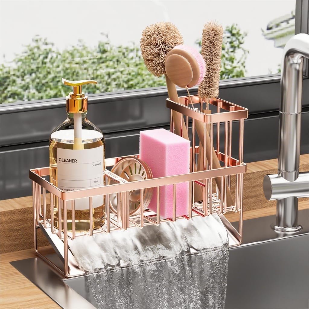 Cisily Sink Caddy Organzier with High Brush Holder, Sponge Holder for Sink, 304 Rustproof Stainless, Kitchen Countertop Soap Dispenser Organizer, Rose Gold Kitchen Decor and Accessories