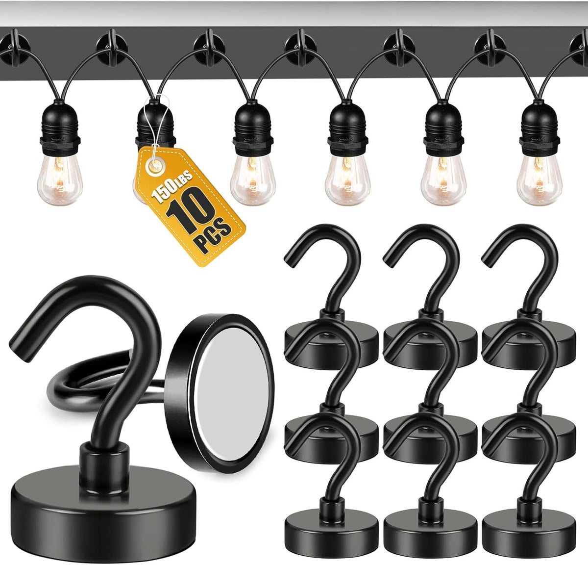 DIYMAG Outdoor Hooks for Hanging String Lights, Balck Magnetic Hooks Strong 150lbs+ Hanging Party Light Wall Cable for Outside 2025 Cruise Cabin Refrigerator Fridge Grills Must Have 10PCS
