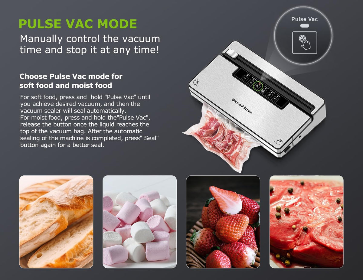 Bonsenkitchen Vacuum Sealer Machine, Stainless Steel Food Sealer Vacuum Sealers with 30 Bags & 1 Roll, 5 Food Vacuum Modes, Built-in Cutter & Bag Storage (Silver Black)