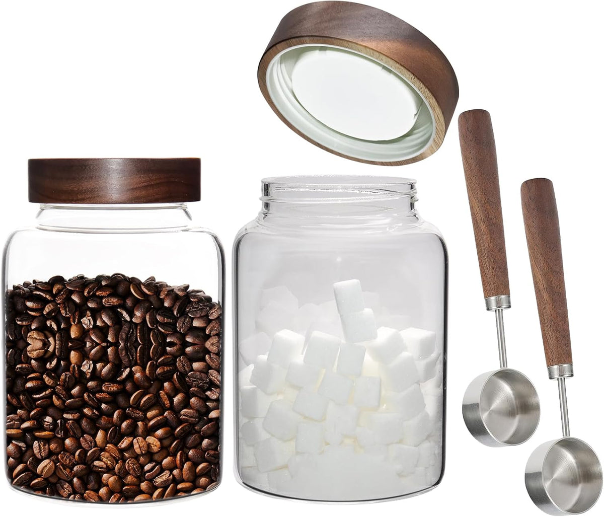Glass Coffee Jars Spice Jar Round Storage Canister with Wooden Lid Clear Glass Food Jar for Pantry Sugar Tea Coffee Bean Spice Nuts Cookies Bath Salts (1800ml/60oz-2PACK（with spoon))