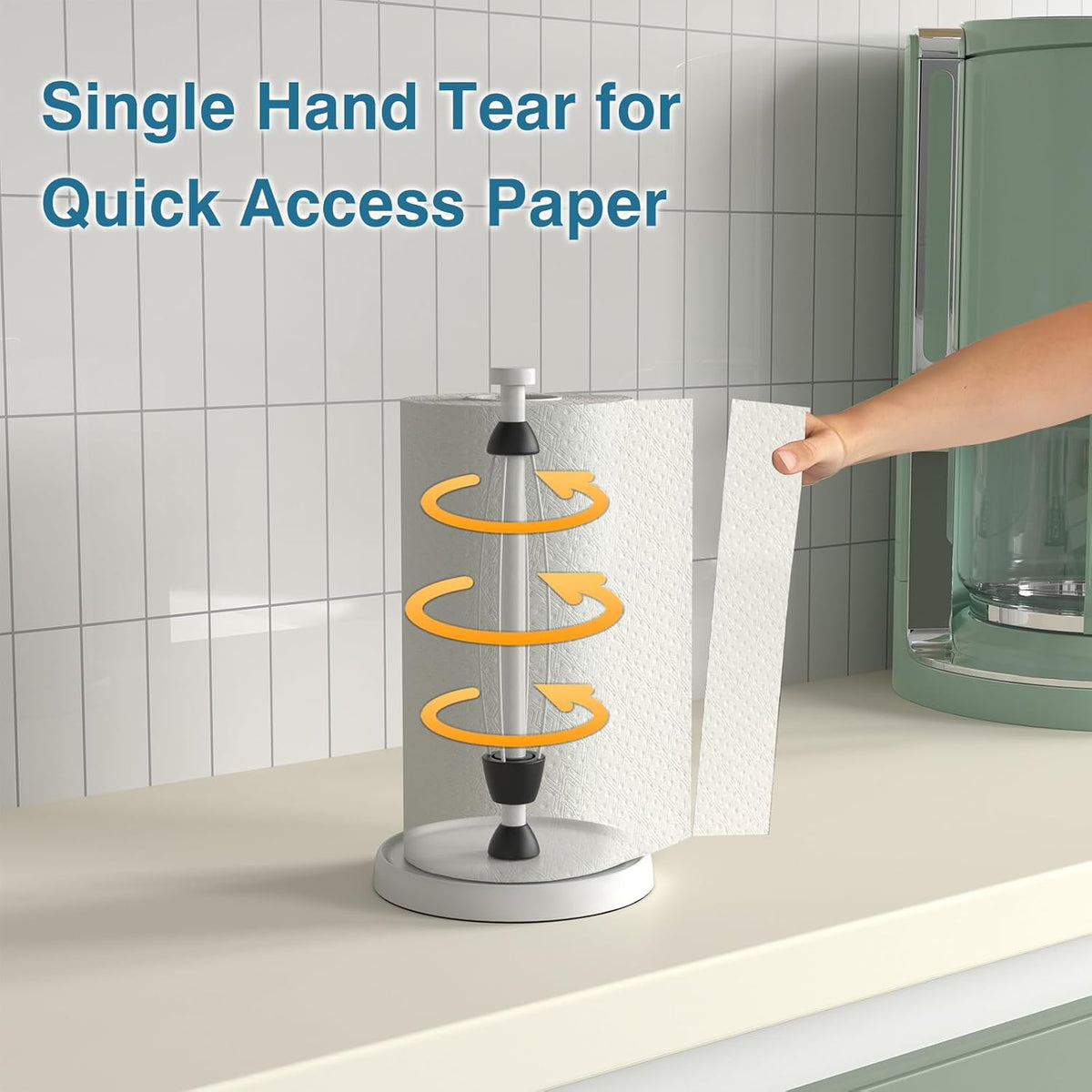 White Paper Towel Holder Countertop, White Kitchen Accessories Decor, Stainless Steel, Weighted Base, Paper Towel Roll Holder Stand with Ratchet Mechanism for Kitchen Bathroom Farmhouse Essentials