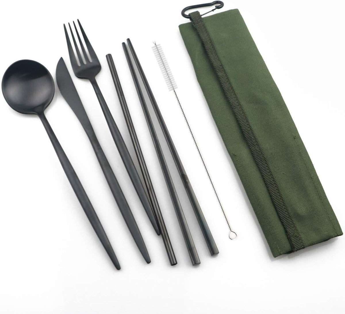 Portable 6 Pieces Flatware Set, 304 Stainless Steel Knife, Fork, Spoon, Chopsticks, Metal Straw, Cleaning Brush, Durable Travel Cutlery Set, Army Green Pouch Bag, Black