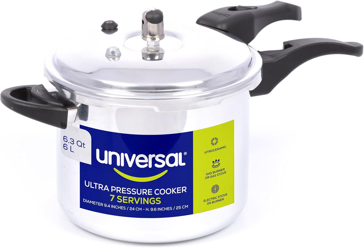 Universal (6.3 Quart / 6 Liter) Anti-Rust Ultra Pressure Cooker, Aluminum Pressure Cooker for 7 Servings, Even Heat Distribution, Diameter 9.4 inches, Height 9.6 inches