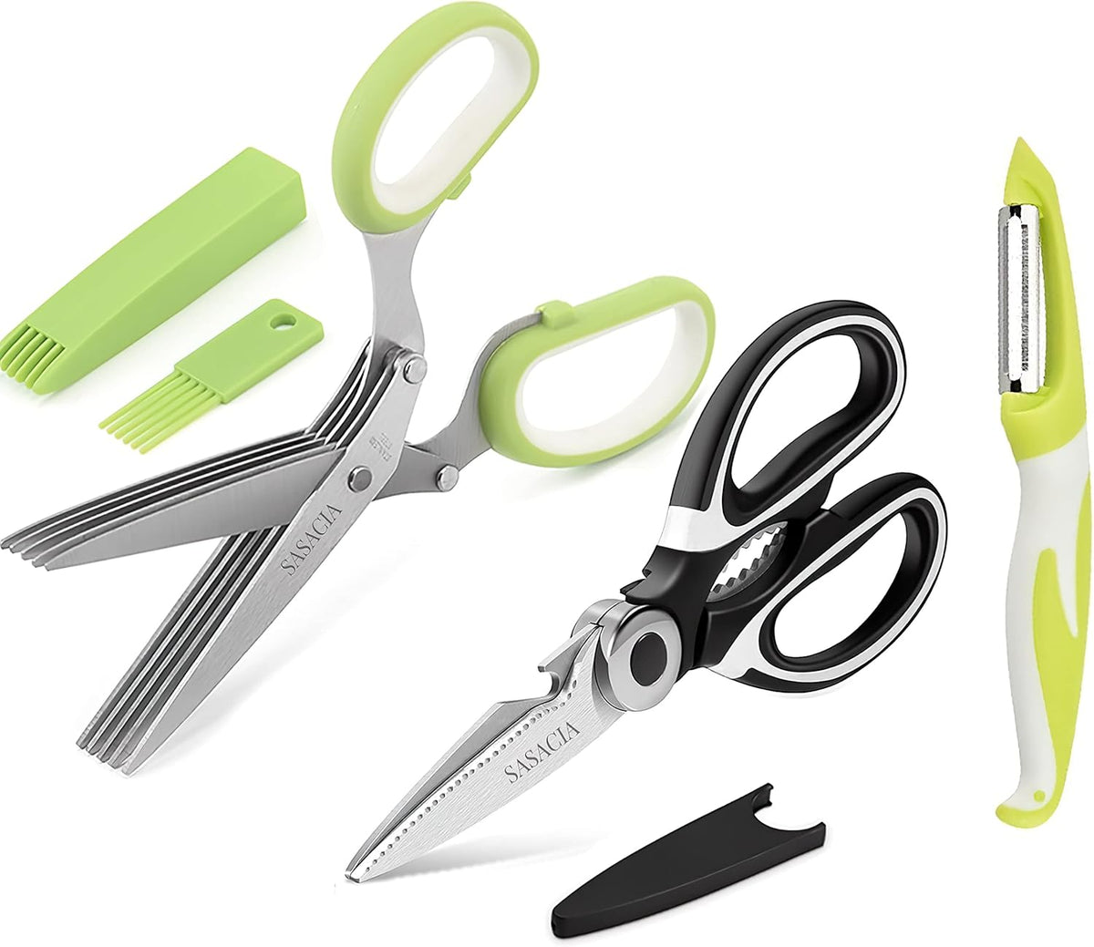 5-Blade Herb Scissors with Kitchen Shears & Peeler, Stainless Steel Multi-Use Tool for Herbs, Meat, Vegetables, Dishwasher Safe, Soft-Grip Handle