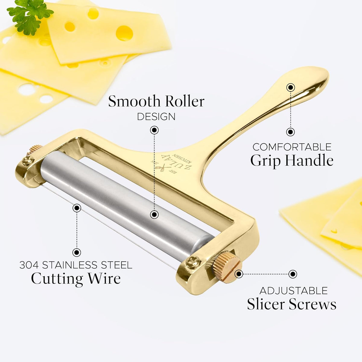 Zulay Cheese Slicer With Adjustable Thickness – Heavy Duty Block Slicer with 2 Extra Wires – Ideal for Mozzarella, Cheddar, Gouda (Gold)