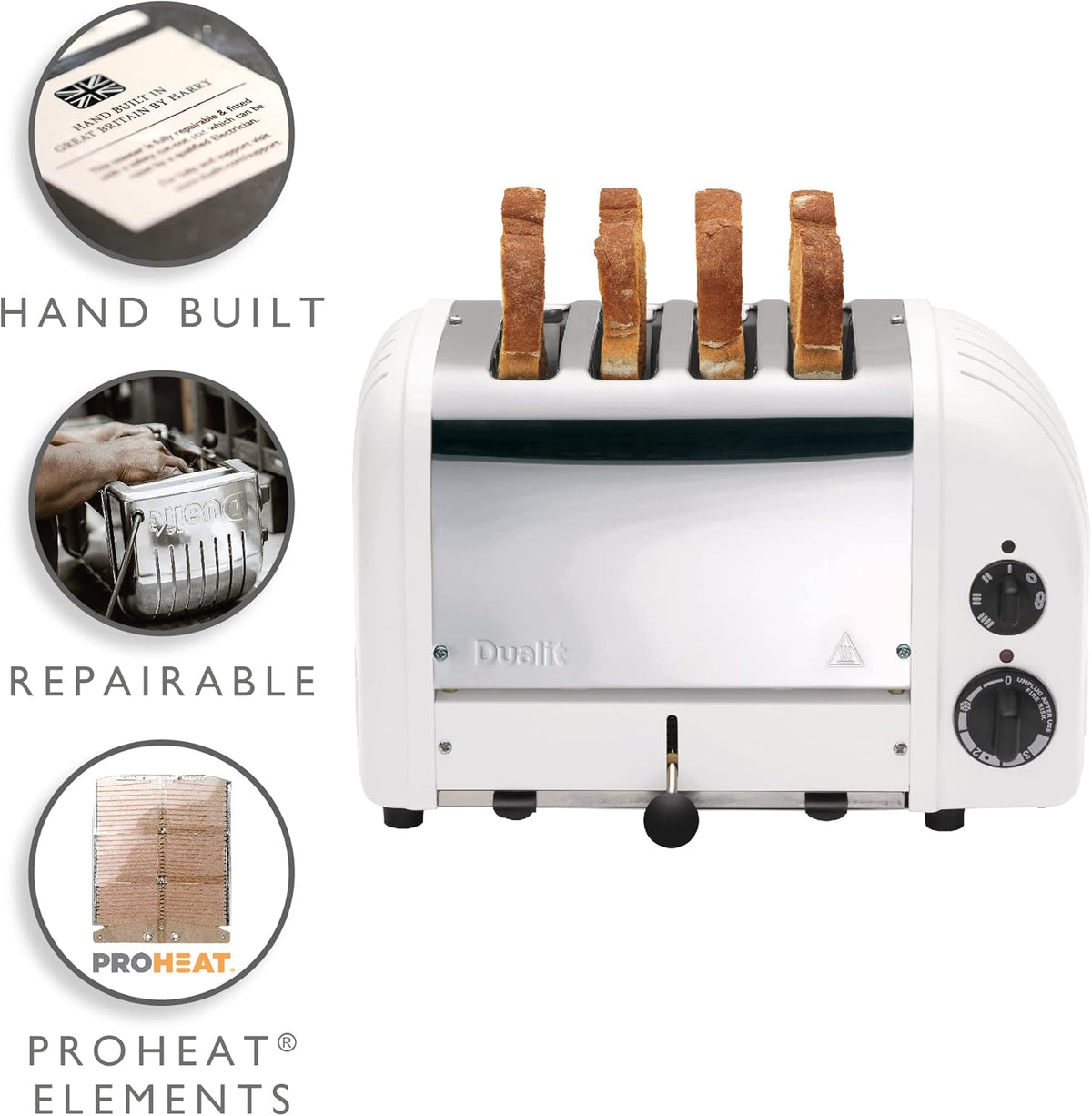 Dualit Classic 4 Slice NewGen Stainless Steel Toaster, White - Hand Built in the UK, Replaceable ProHeat® Elements – Slot Selector, Defrost Bread, Mechanical Timer-For Toast, Bagels & More