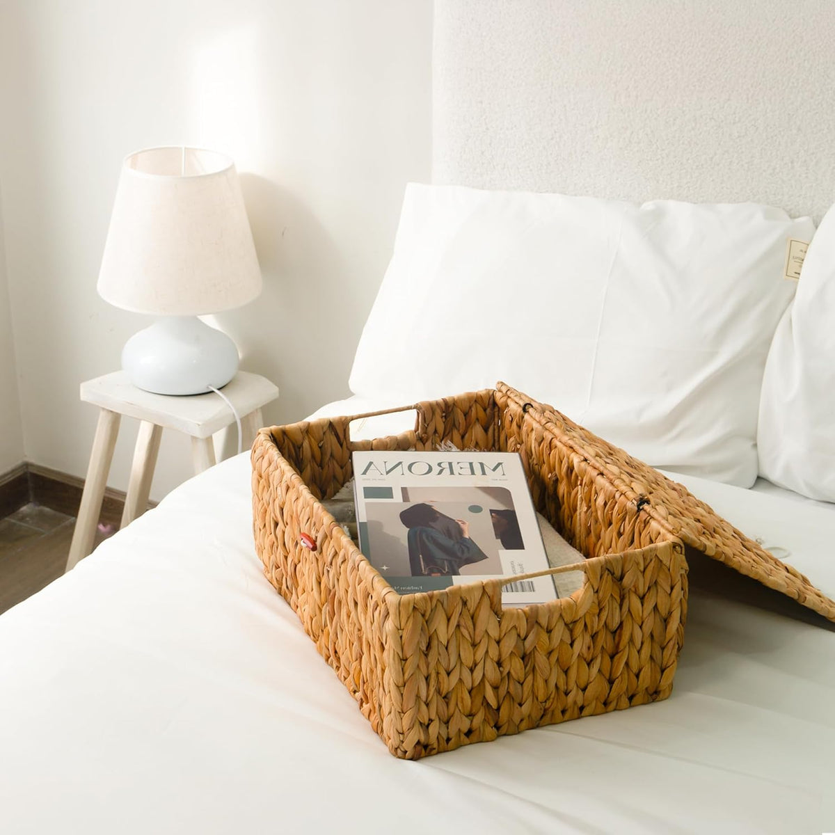 KOKODO Large Rectangular Water Hyacinth Wicker Storage Baskets with Lid, Handles and Built-in Metal Frame, Stylish and Durable Handwoven Bin Perfect for Space-saving Shelves and Room Organizing