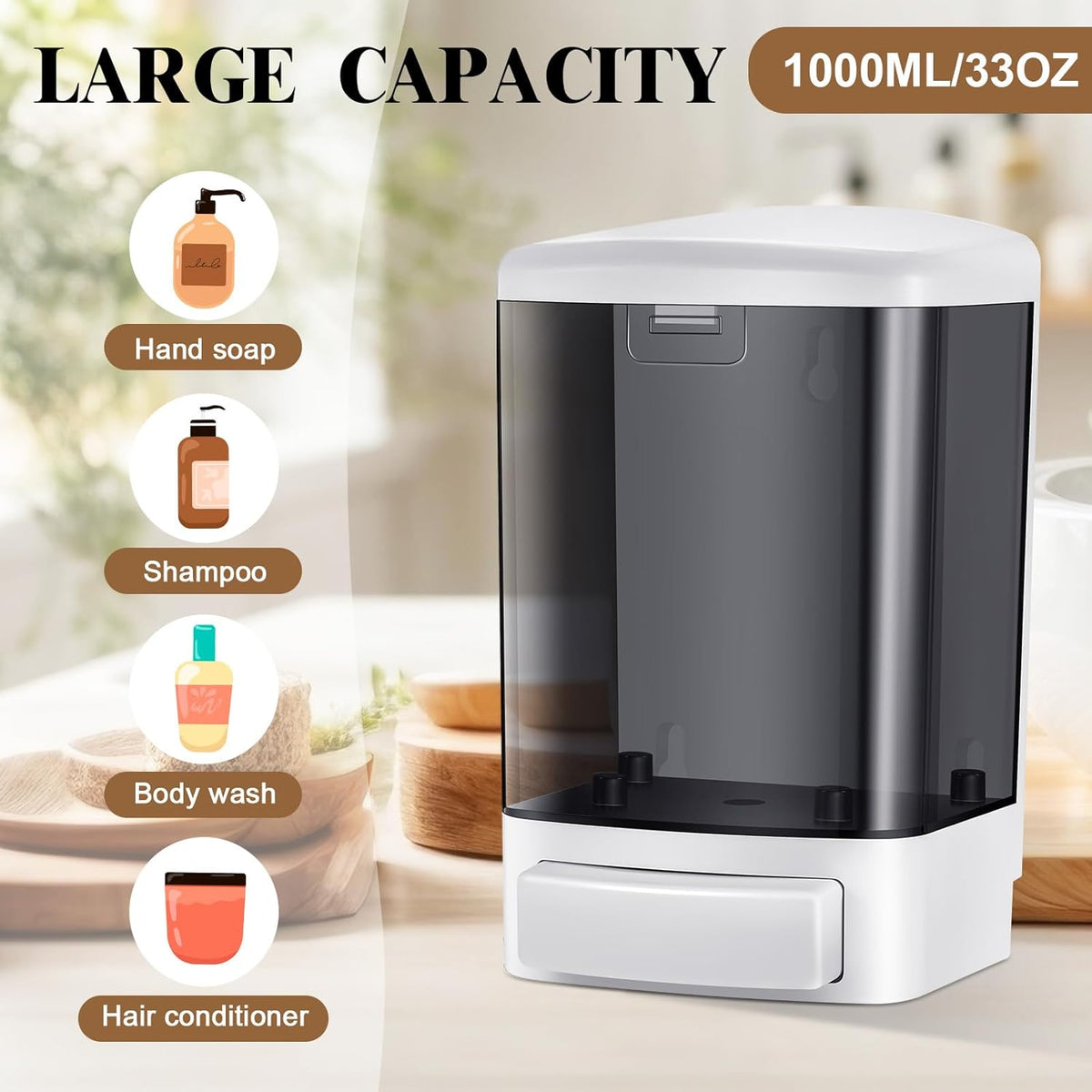 Hushee 4 Pcs Plastic Wall Mounted Soap Dispenser Commercial Manual Soap Containers Wall Dispenser for Kitchen Shower Hotel Liquid Shampoo Gel Chamber(33.8 oz 1000 ml,Black)