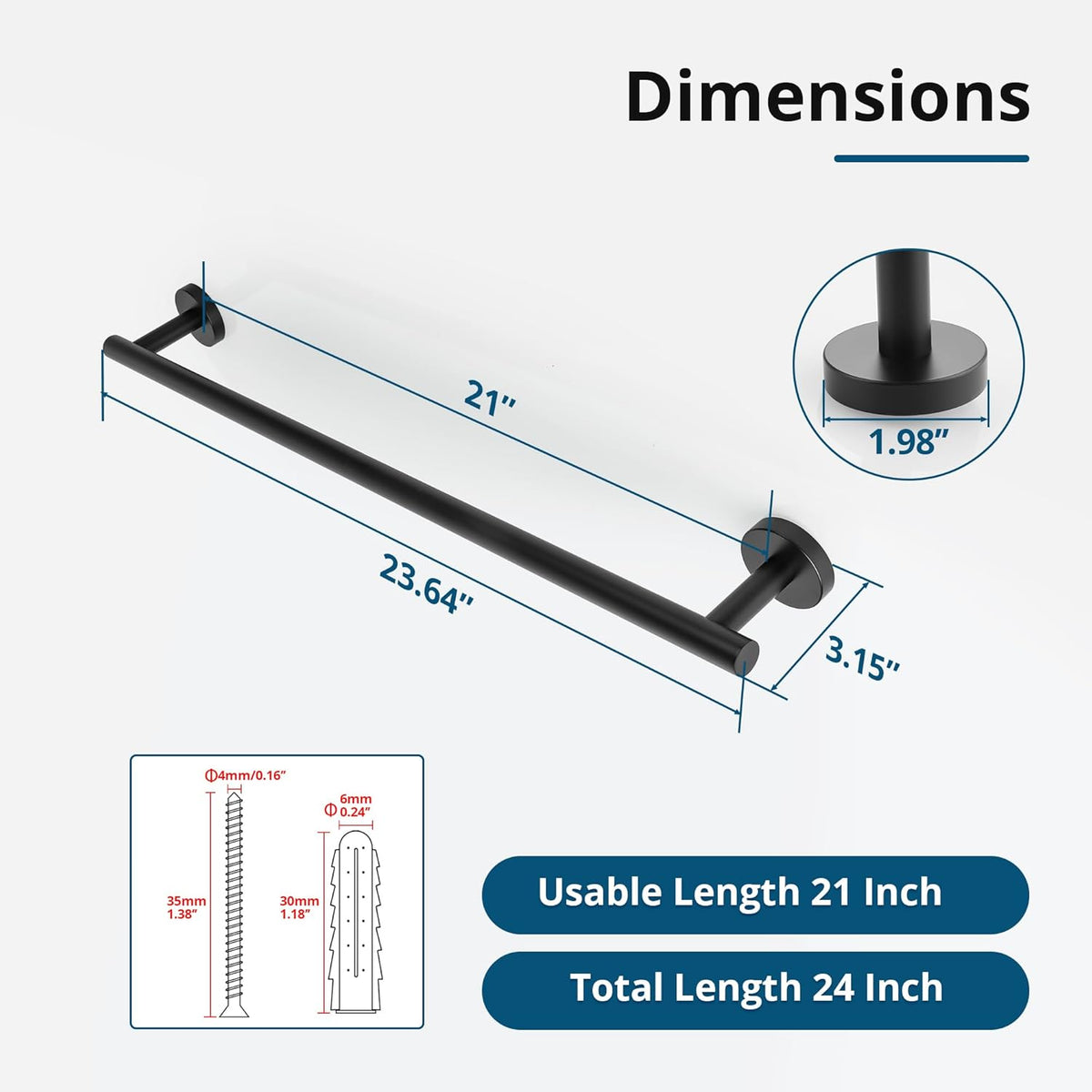 SAYAYO Black Towel Rack for Bathroom, 24 Inch Towel Bar Towel Rod Towel Holder Wall Mount SUS304 Stainless Steel (21 Inch Hanging Length)