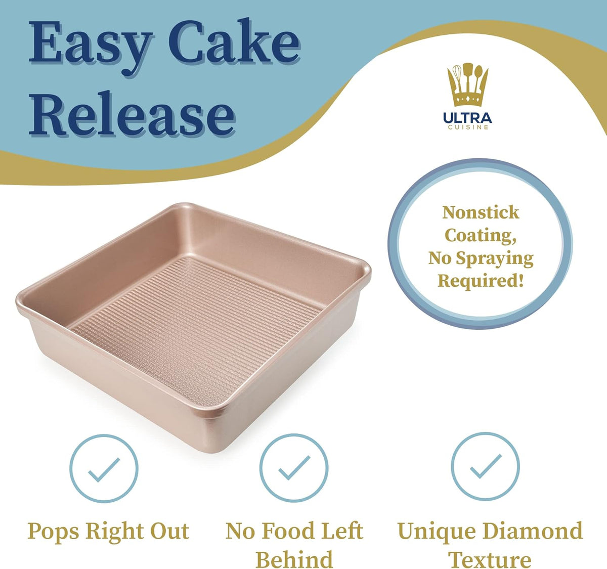 Ultra Cuisine Nonstick Square Cake Pan, Even Baking and Roasting, Easy to Clean, Durable Quality, Warp & Scratch Resistant Texture for Easy Release, Food-Safe, Size 8 x 8 inch