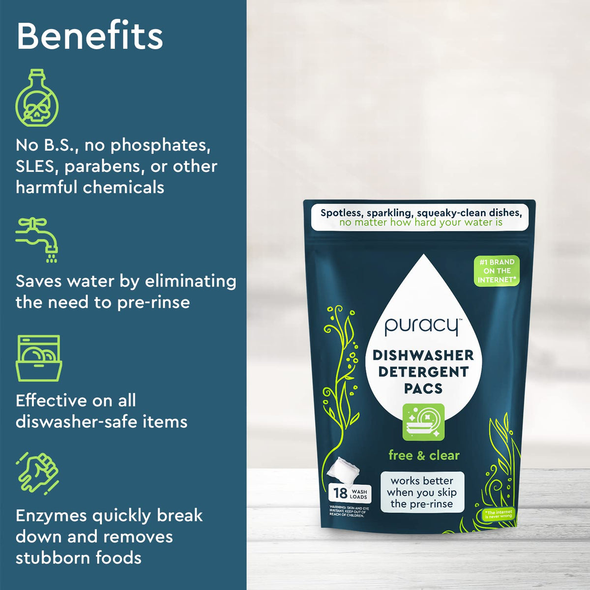 Puracy Dishwasher Pods, Natural Dishwasher Detergent, Free & Clear Dish tabs - Enzyme-Powered, Spot & Residue Free - TikTok Trend Items, Must Haves from TikTok Made Me Buy It (Free & Clear, 18 Count)