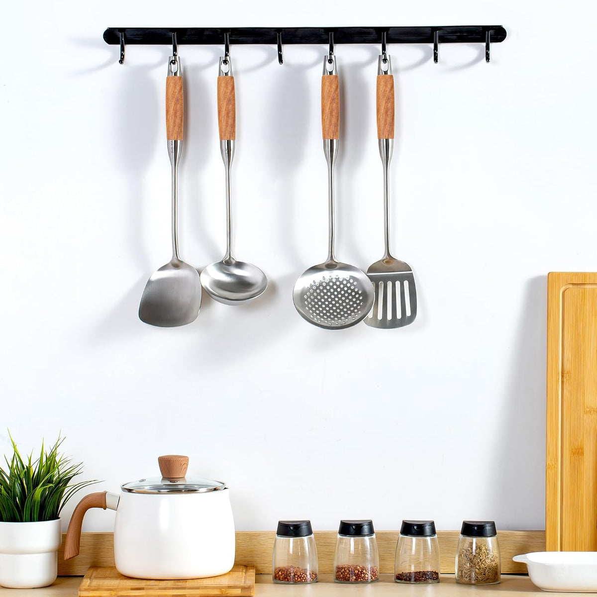 FJNATINH Wok Utensils - Wok Spatula Metal Set, 4-Pieces 14-15 Inch Extra Long, Wok Tools Professional Set, Wooden Handle Skimmer, Soup Ladle, Slotted Turner
