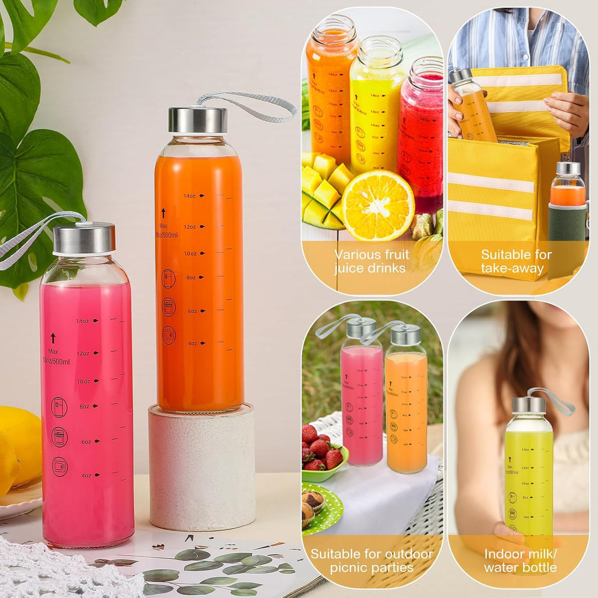 Vesici 6 Pack 18 oz Glass Water Bottles with Lids Clear Reusable Juicing Storage Container with Scale Mark and Stainless Steel Lids and Cleaning Brush for Milk Beverage Refrigerator Travel Leakproof