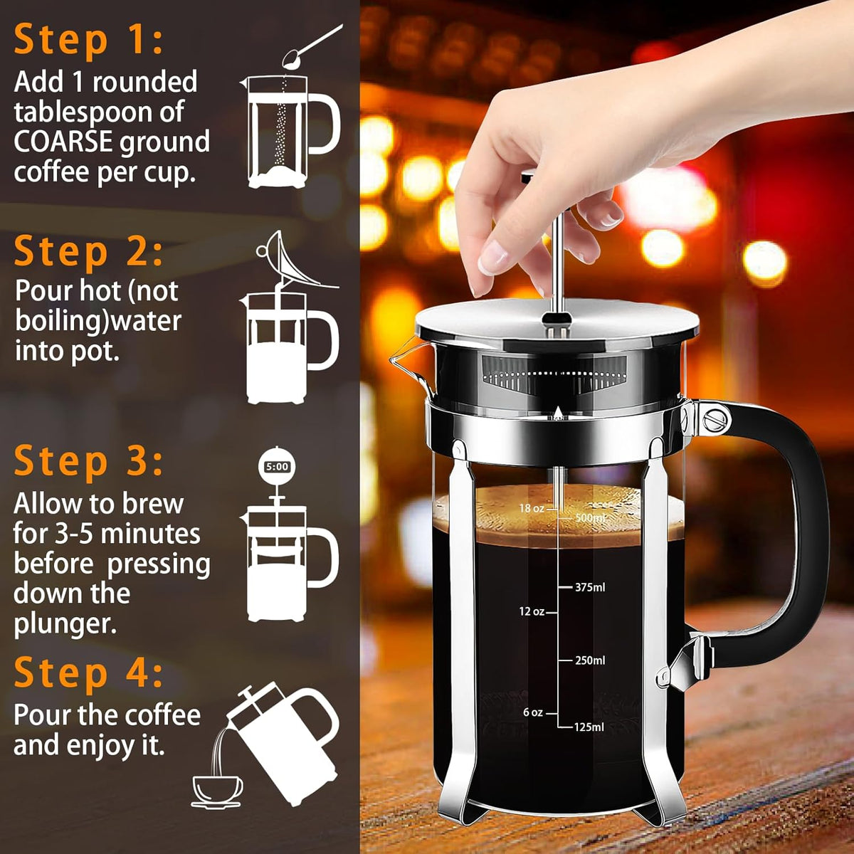 French Press Coffee Maker 304 Stainless Steel Coffee Press,with 4 Filters System, Heat Resistant Thickness Borosilicate French Press Glass, BPA-Free Brewed Tea Pot Coffee Plunger(Copper 12oz)