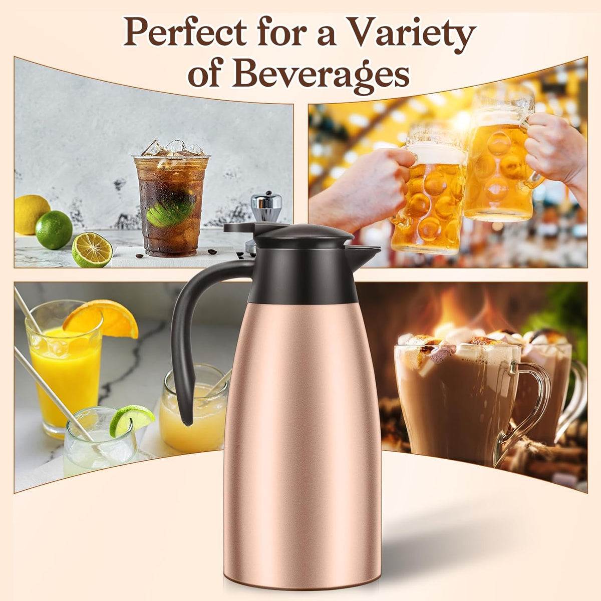 1 PCS 68 OZ Thermal Coffee Carafe, Insulated Stainless Steel Coffee Carafe Double Walled Vacuum Thermal Pot Flask with Brushes Thermos for Keeping Hot Coffee Tea Home and Office (Gold）
