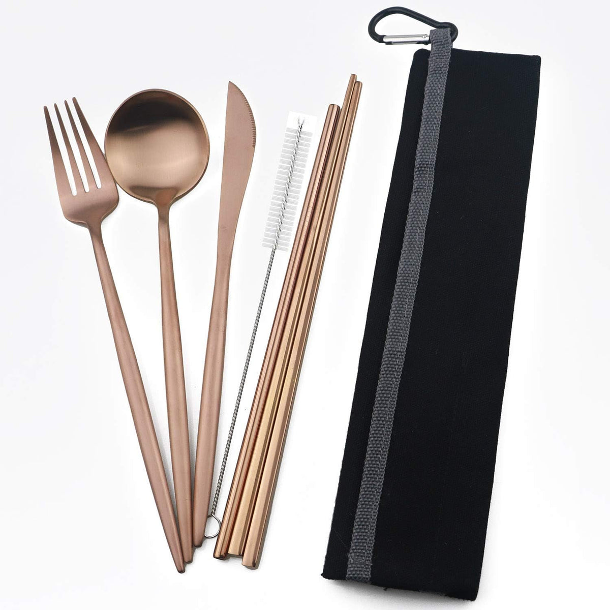 Portable 6 Pieces Flatware Set, 304 Stainless Steel Knife, Fork, Spoon, Chopsticks, Metal Straw, Cleaning Brush, Durable Travel Cutlery Set, Black Pouch Bag, Rose Gold