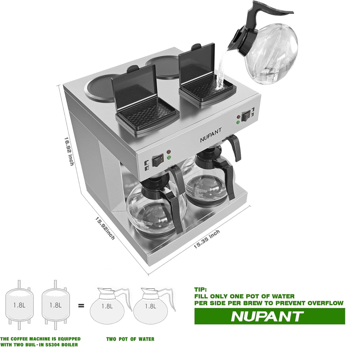 Dual Drip Commercial Coffee Maker, 200 Cup/hour, 7.2L Pour Over Coffee Machine with 4 Glass Carafe and 4 Warmers, Stainless Steel Double Coffee Brewer Staition for Restaurant and COFFEE Bar
