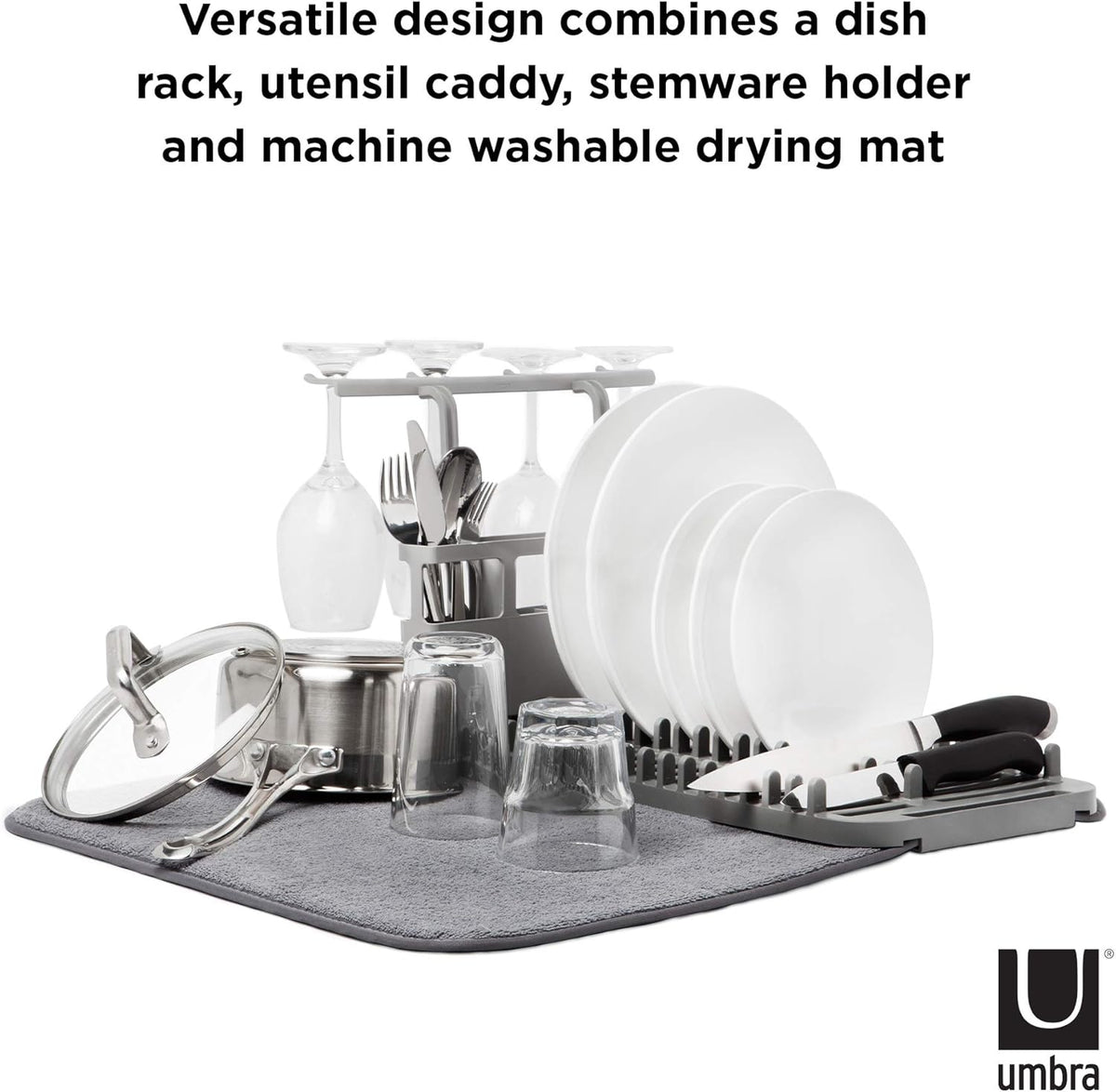 Umbra Udry Dish Rack and Microfiber Drying Mat – Space-Saving Design Folds Up for Easy Storage, Rack with Caddy, Gray