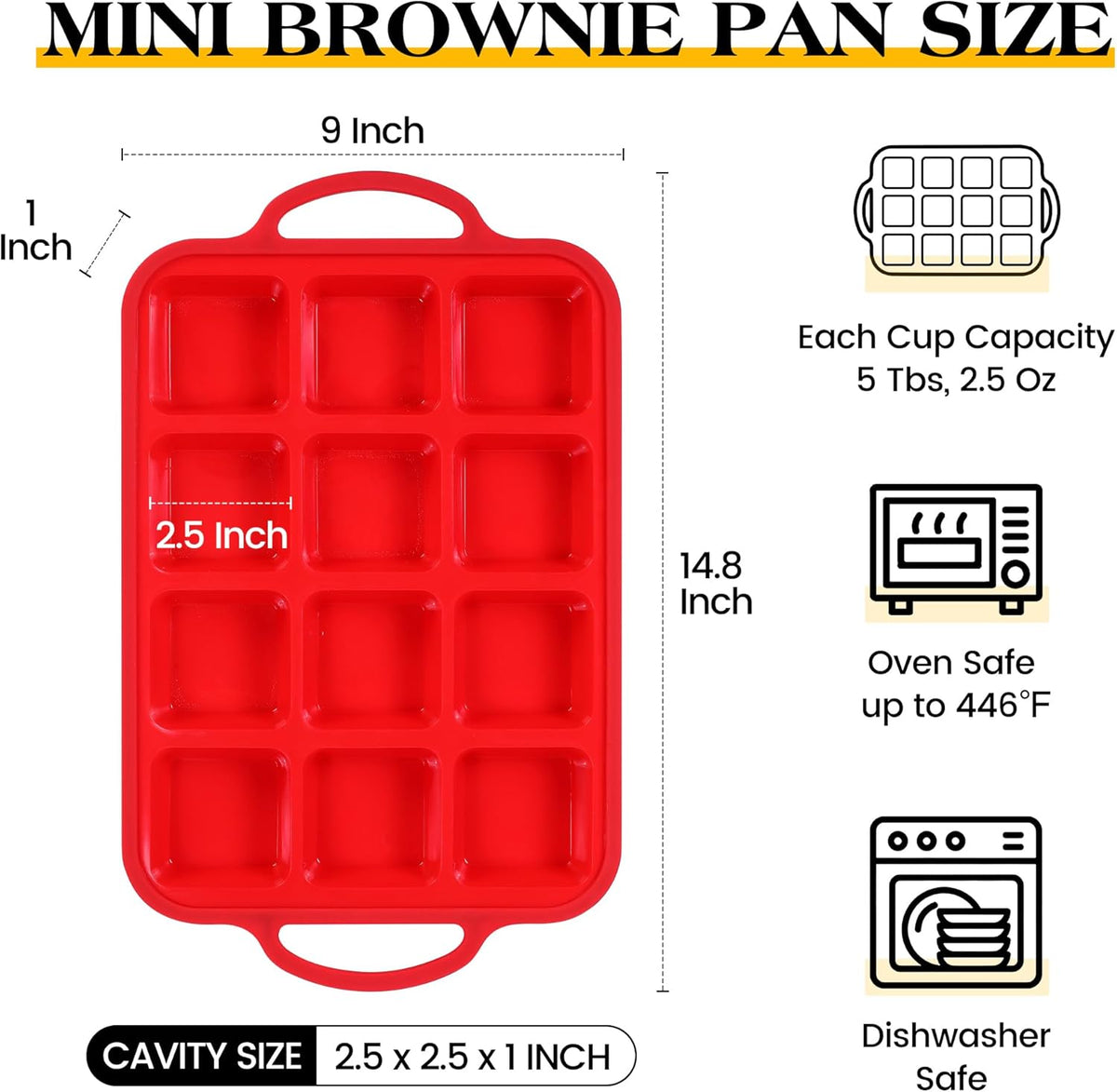 1 Pc Square Brownie Pan With Dividers Mini Silicone Brownie Pan for Baking Individual Nonstick 12 Cups Square Muffin Cupcake Pans with Metal Reinforced Frame (Red)