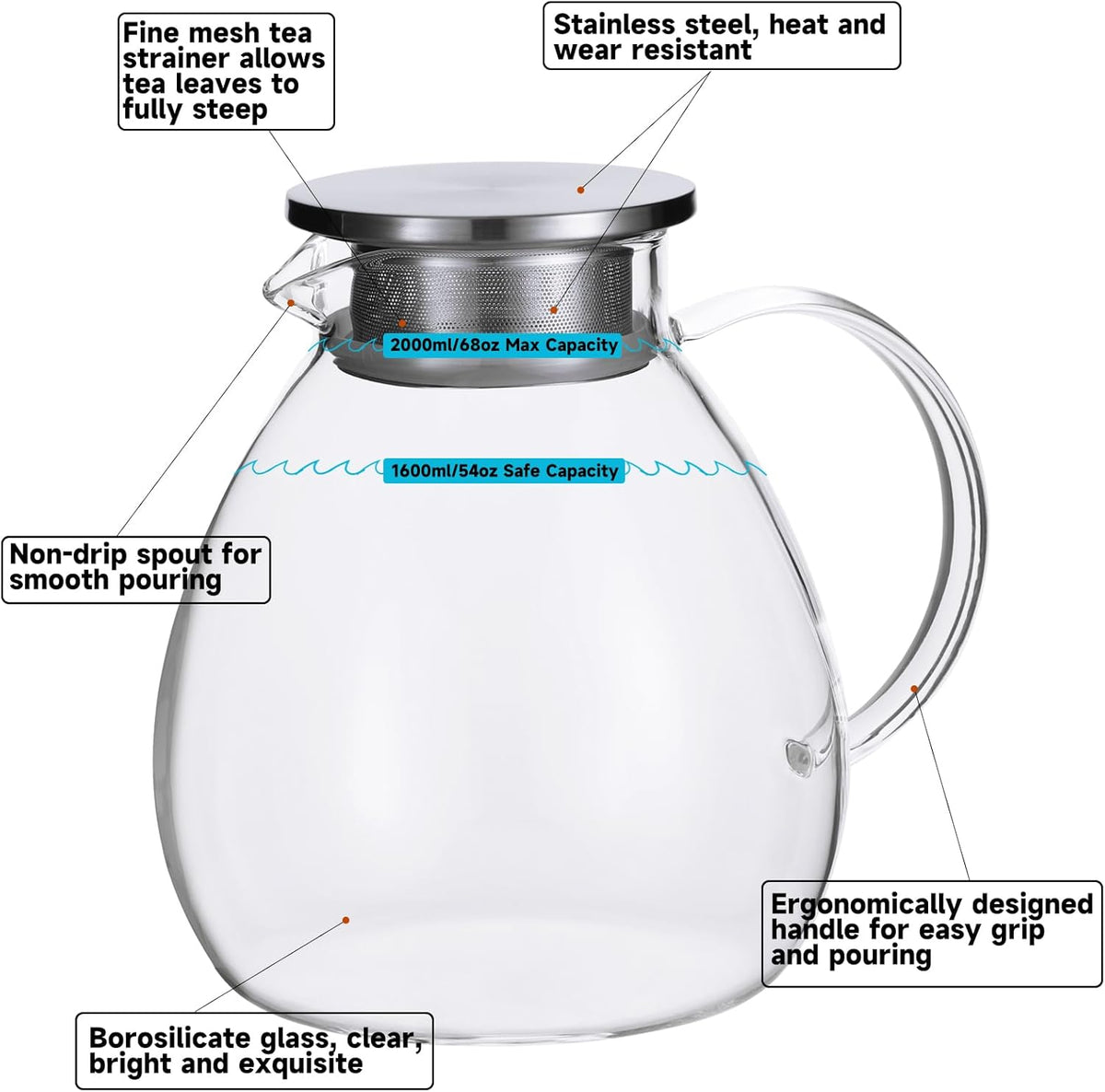 68OZ/2000ML One Touch Glass Teapot with Stainless Steel Filter Lid, Stovetop & Microwave Safe Tea Maker Water Kettle, Strainer & Cover 2 in 1 Loose Leaf Tea Steeper Pot Coffee Carafe