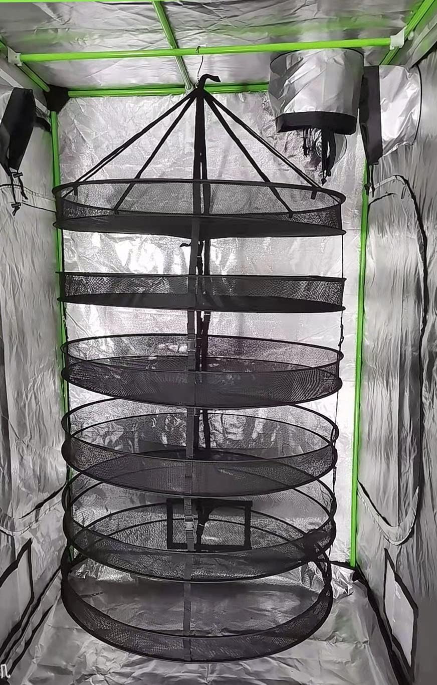 HORTIPOTS Herb Drying Rack 360 Degree Access 3 Feet Clip Adjustable Center Support Straps NO Sagging Fine Mesh Netting (Heavy Duty Clips 3FT)