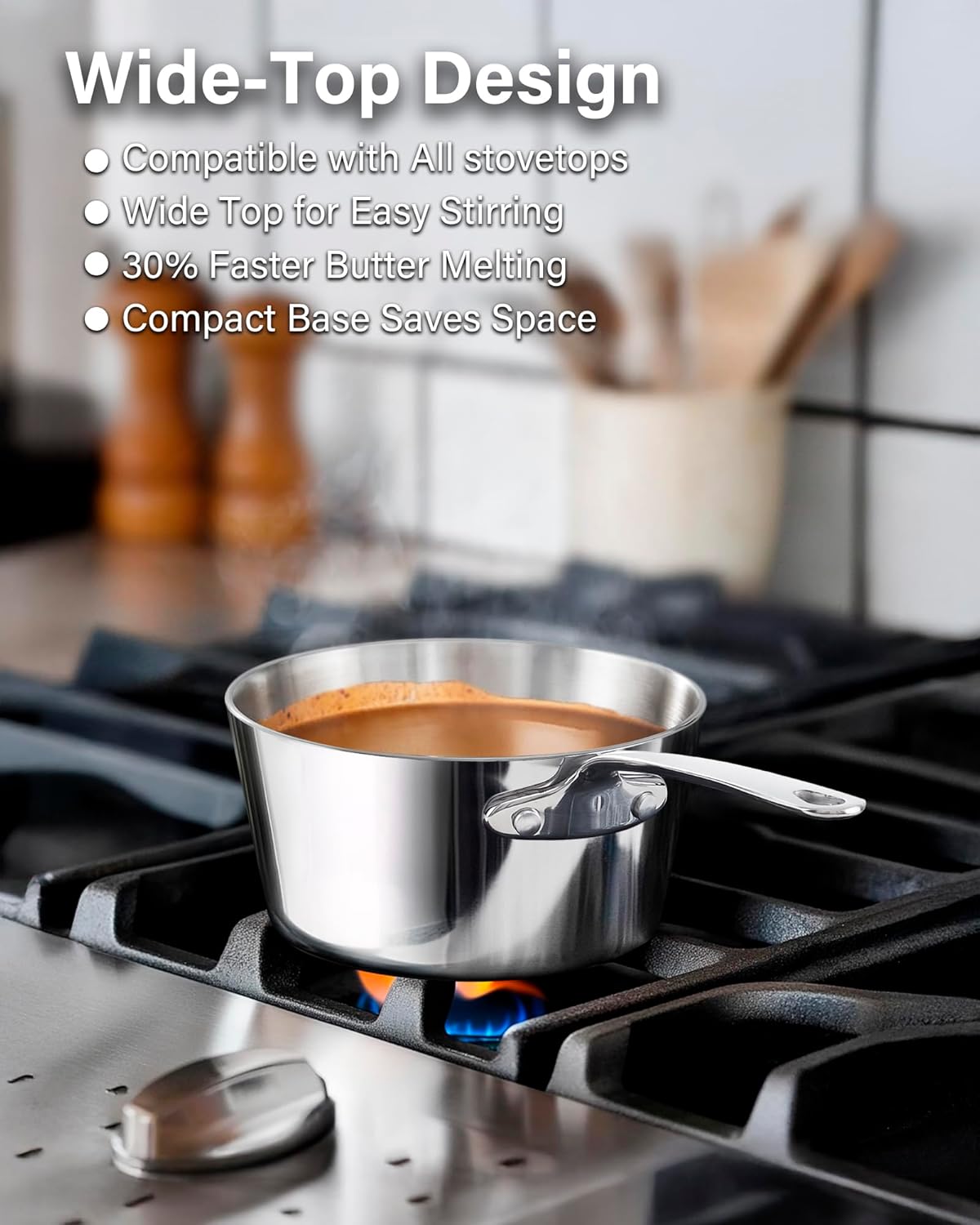 D&M Butter Warmer 0.57 Quart, Multi-Ply Clad Stainless Steel Milk Frother and Chocolate Melting Pot, Small Saucepan for Induction Stovetop, Coffee, Butter, Syrup