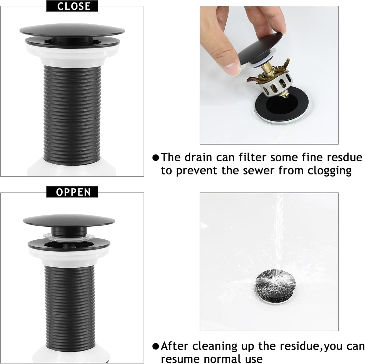 Bathroom Sink Drain,Drain Stopper Bathroom Sink Without Overflow,Pop Up Drain Assembly with Detachable Strainer Basket,Built-in Anti-Clogging, Stainless Steel Nut Mattle Black