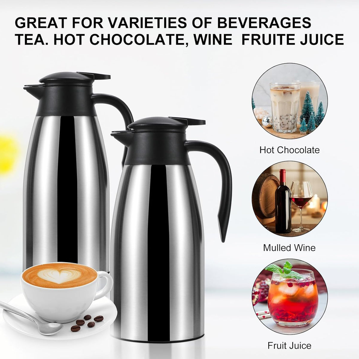 Thermal Coffee Carafe, Insulated Stainless Steel Coffee Carafes for Keeping Hot Coffee & Water Hot Beverage-12Hours, Double Walled Vacuum Coffee Carafe (silver+black)