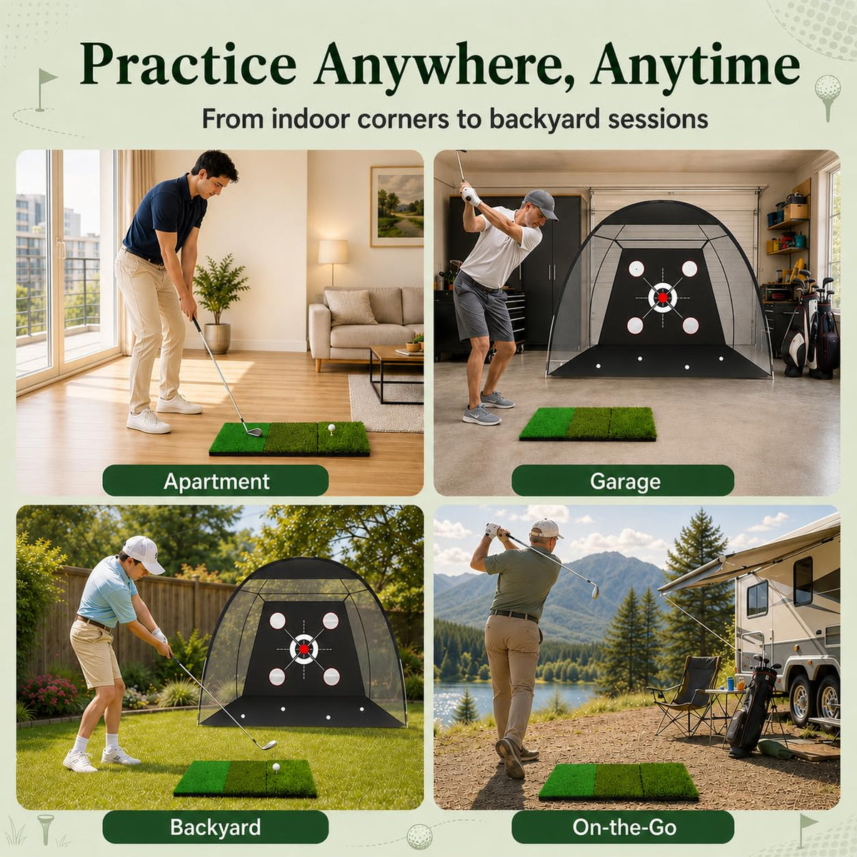 CalmBloom Golf Practice Mat 3-in-1 Turf Golf Hitting Mat for Swing, Putting & Chipping | Portable Golf Training Mat Indoor/Outdoor, Golf Mat with 8 Tees