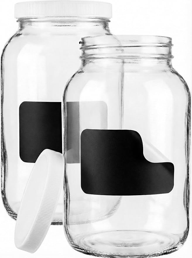 Sally's Organics Large 1 Gallon Glass Jars with Lids - Made in the USA - Wide Mouth BPA-Free Lid, Chalk Labels – Sun Tea, Fermenting, Kombucha, Pickling, and Cookie Storage Jar – USDA, Dishwasher Safe
