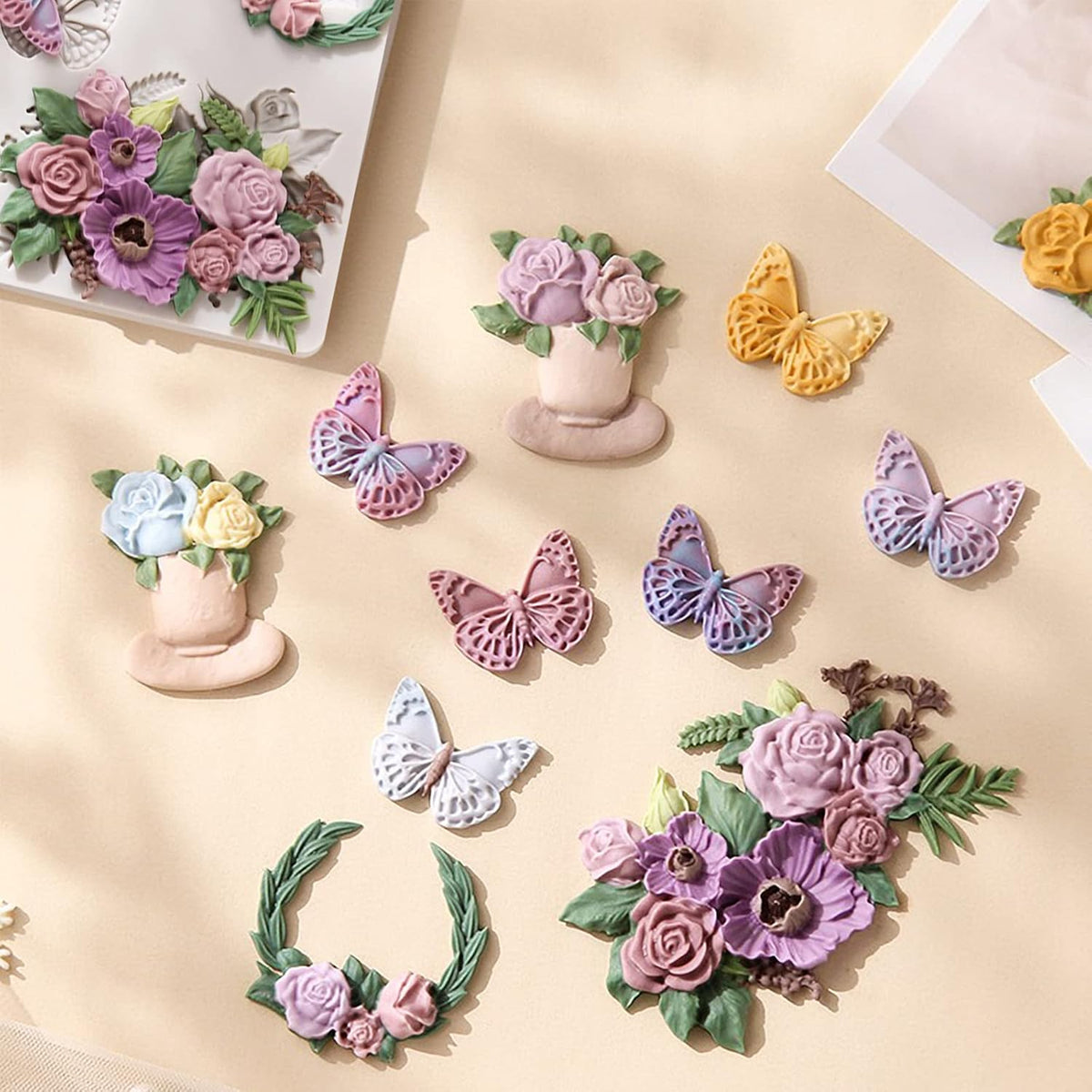 Rose Fondant Molds, Flower Pot Bouquet Butterfly Chocolate Cake Decorating Silicone Molds for Cupcake Topper, Candy, Sugar Craft, Floral Paste, Mousse, Gum Paste, Epoxy Resin, Polymer Clay, Home Decor