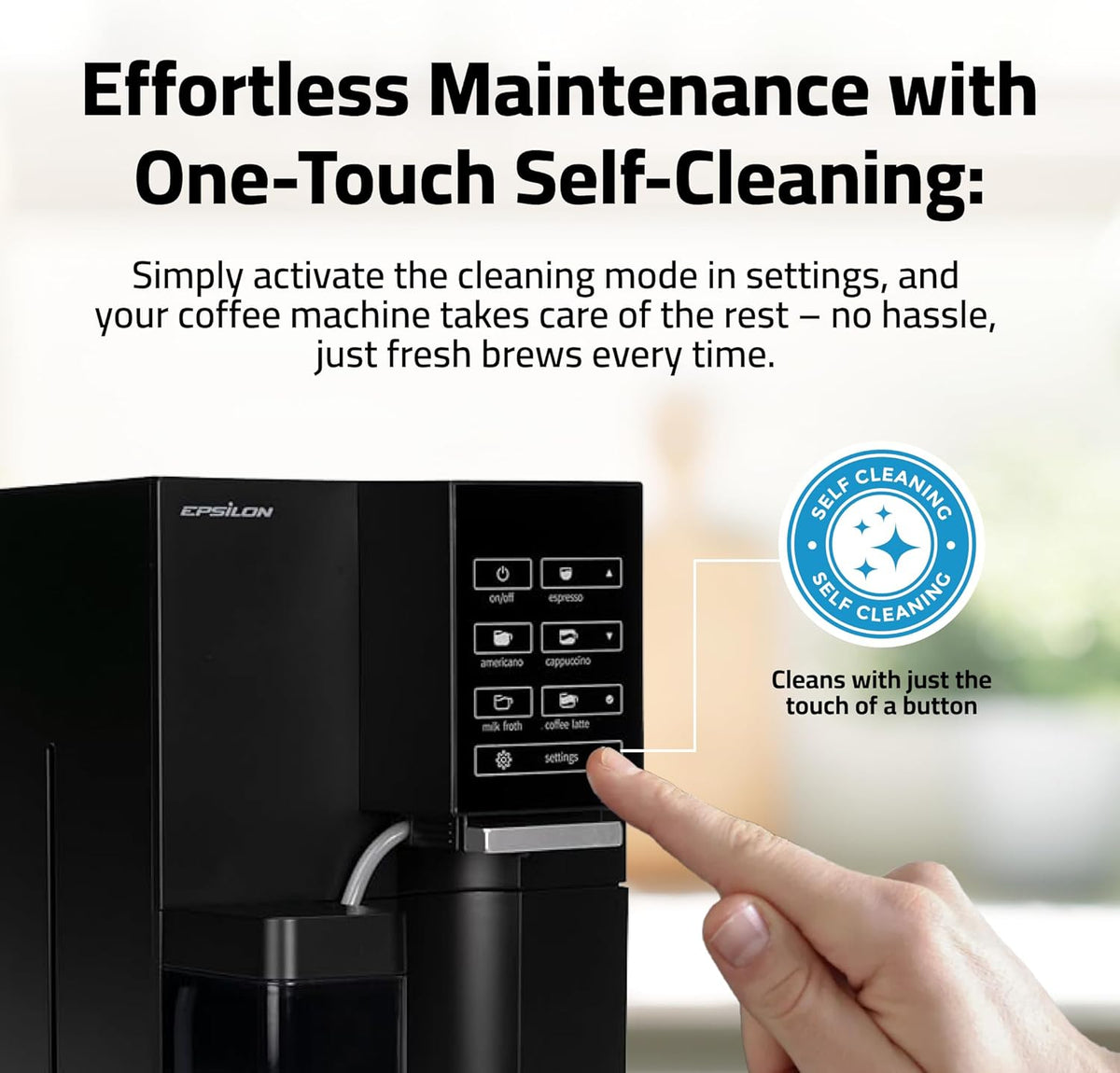 Epsilon Fully Automatic Coffee Machine with Grinder, Coffee & Espresso Maker Combo, Built-In Milk Frother, One Touch Self Cleaning, Super Automatic Custom Brewing Coffee Machine