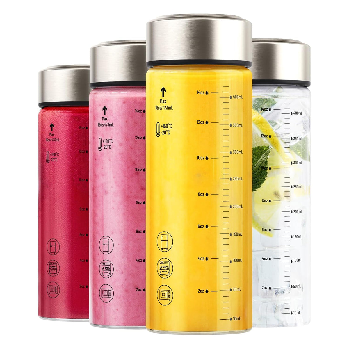Zukro 16 oz Borosilicate Glass Water Bottles with Stainless Steel Lids and Measurement| Reusable Leakproof Drinking Bottles for Juicing, Smoothie, Protein| 4 Pack Wide Mouth BPA-Free Juice Container