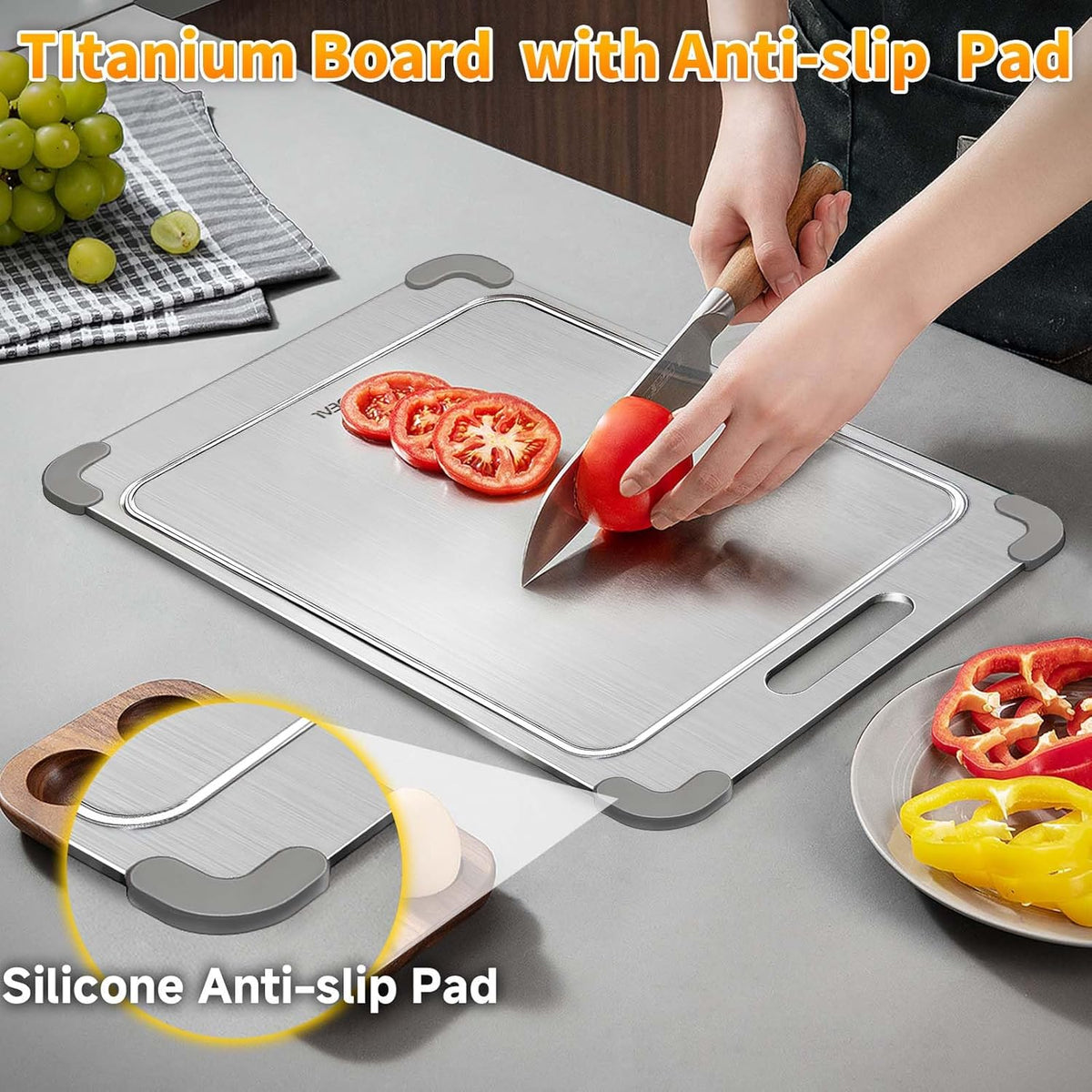 100% Pure Titanium Cutting Board with Grooves, Update Double Side Titanium Chopping Board, Silicone Anti-slip Stainless Cutting Boards for Kitchen 8 * 12, Grey