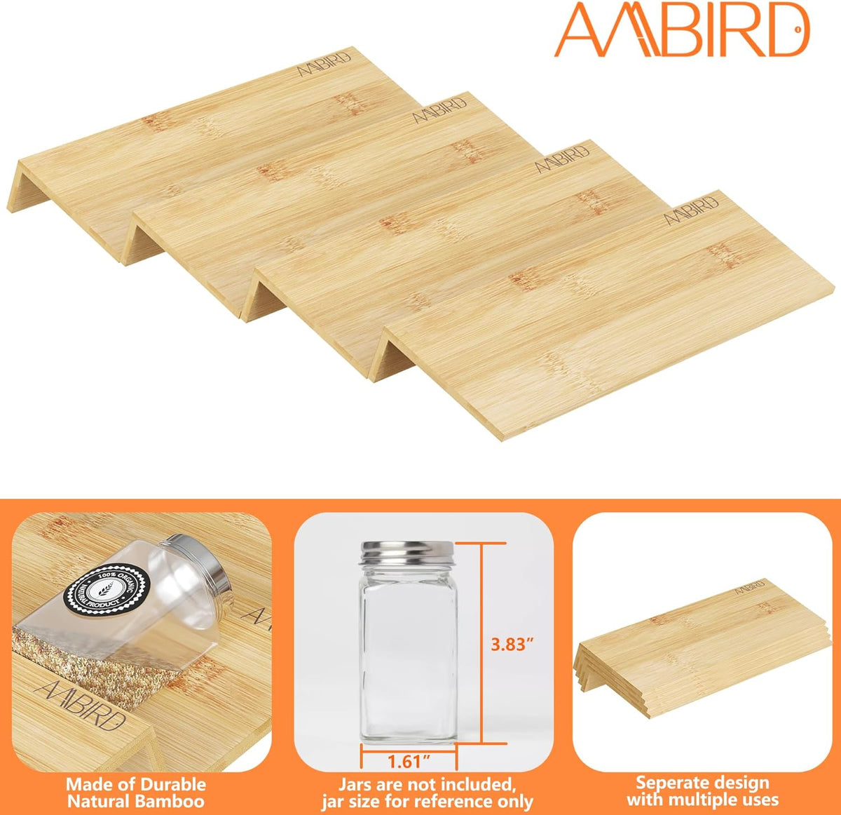 AMBIRD Bamboo Spice Drawer Organizer with Non-slip Mat,4 Tier - 2 Set Jar Spice Rack Tray From 12''to 24'',Hold up 48 Jars Seasoning Organizer for Kitchen,Cabinet,Drawers,Countertop